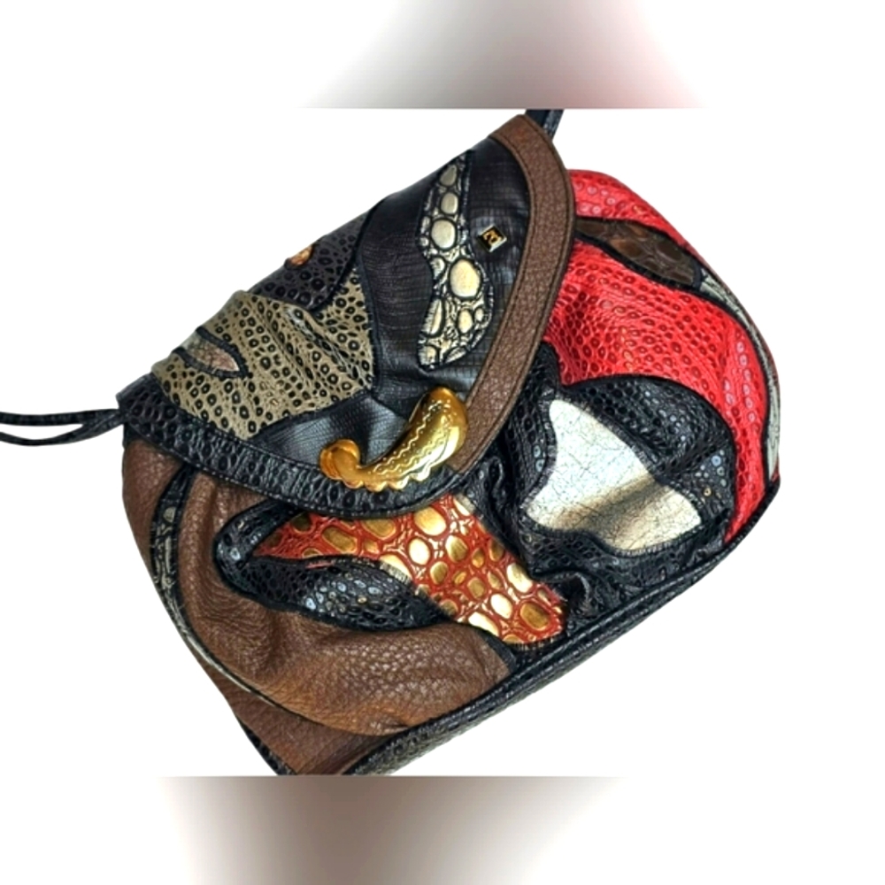 RARE Vintage NAS Alentino Black Leather Exotic Crossbody Purse Patchwork Gold - Picture 5 of 15